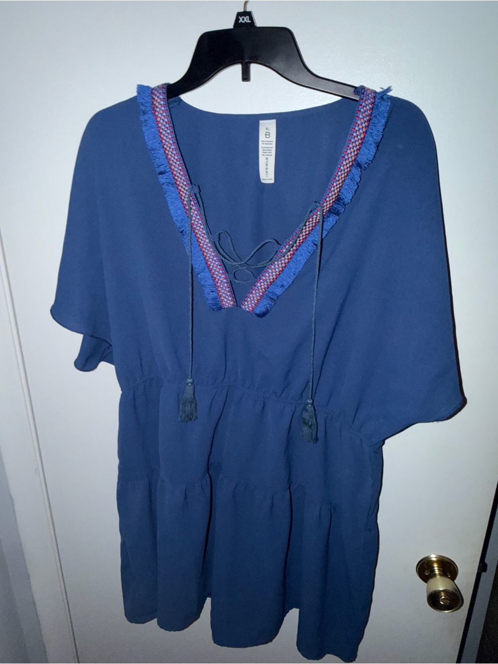 Women's Navy V-Neck Tassel Swim Coverup